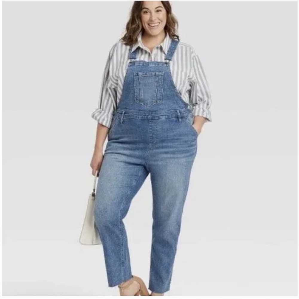 Ava & Viv Denim High Rise Overalls Pockets Stretch Raw Hem 22W